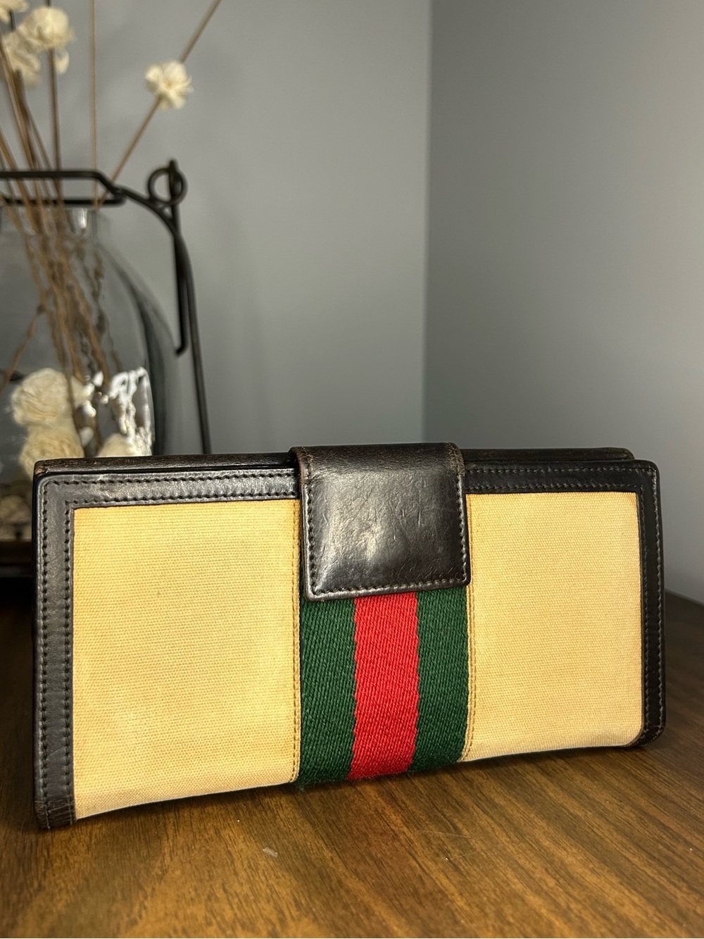 Gucci Vintage Web Stripe Canvas Continental Wallet Black Leather
